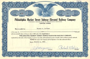 Philadelphia Market Street Subway-Elevated Railway Co. - 1963 dated Subway Stock Certificate